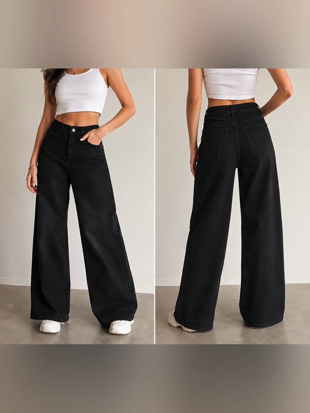 Oneso Black Wide Leg Jeans Size 27 Stretch Distressed High Rise Nwot Baggy Denim